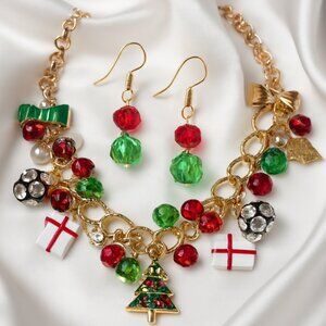 Holiday Gold Charm Necklace w/ Red & Green Crystal Drop Earrings – Festive Jewel